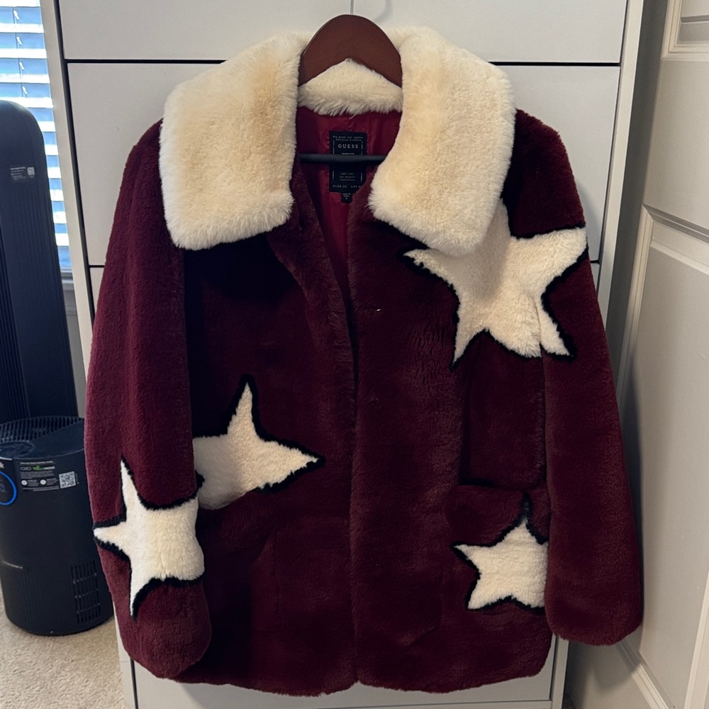 Guess Burgundy and Cream Star Teddy Jacket